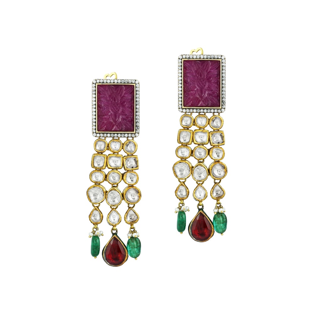 Carved Ruby Earrings with Polki, Red Teardrop & Emerald Beads